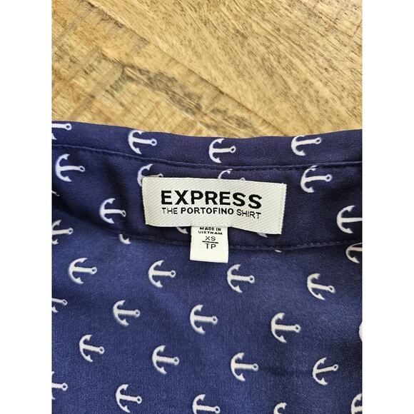 Express The Portofino Shirt Nautical Anchor Print Navy Blue XS Roll Tab Sleeves - Picture 6 of 8